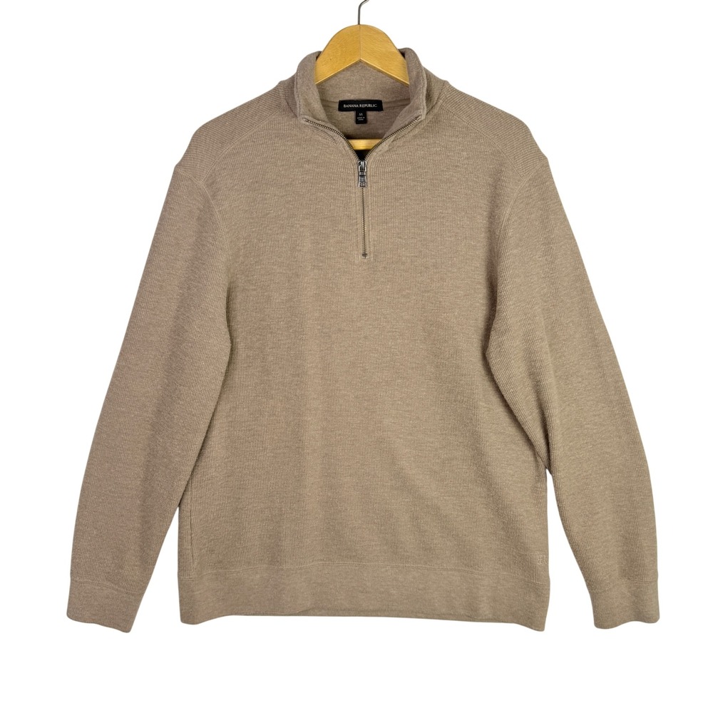 Banana Republic Mens Tan Khaki Waffle Knit Quarter Zip Pullover Sweater M